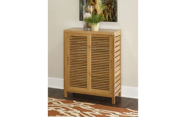 Branson Natural Floor Cabinet in bamboo with two slatted doors, three interior shelves, and a transitional style for bathroom storage.