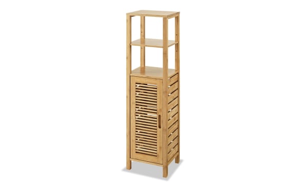 Branson Natural Cabinet in transitional style, made of natural bamboo with a single slatted door and three interior shelves for bathroom or linen storage.