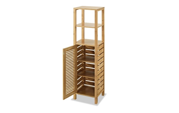 Branson Natural Cabinet from Branson collection, transitional style bamboo storage cabinet with single slatted door and three interior shelves for linens.