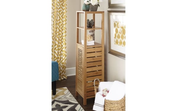 Branson Natural Cabinet from Branson collection, transitional style bamboo mid cabinet with slatted door, three interior shelves, natural wood finish.