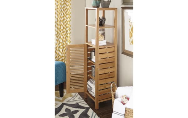 Branson Natural Cabinet from Branson collection, transitional style bamboo mid cabinet with a single slatted door and three interior shelves for linen storage.