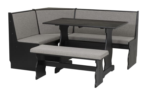 Corner dining nook set with black wood frame, gray upholstered cushions, rectangular table, and matching bench for kitchen or dining room seating.