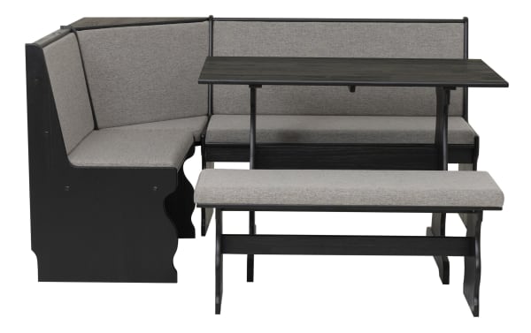 Black wooden corner dining nook set with gray fabric cushions, featuring an L-shaped bench, rectangular table, and matching bench seat.