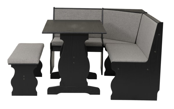 Dark wood corner dining nook set with gray upholstered cushions, featuring an L-shaped bench, rectangular table, and matching bench seat.