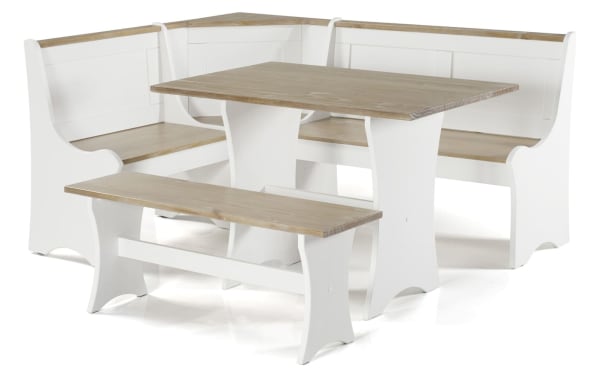 Palma Natural & White Dining Nook with Bench in transitional style, solid pine and MDF, L-shaped corner seating with hidden storage and matching bench.
