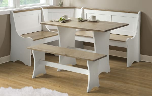Palma Natural & White Dining Nook with Bench, transitional style solid pine and MDF corner set with L-shaped seating, hidden storage, and matching bench.