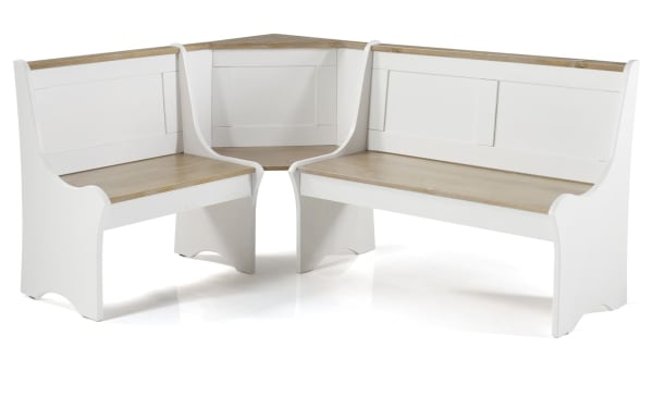 Palma Natural & White Dining Nook with Bench in transitional style, solid pine and MDF, L-shaped corner seating with natural wood tops and white painted frame.