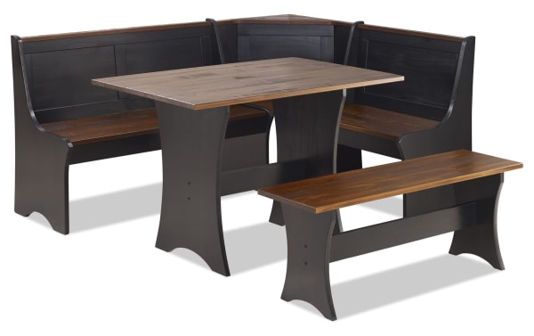 Palma Brown & Black Dining Nook with Bench, transitional style solid pine and MDF, black base with warm plank wood tabletop and seating, fits five.