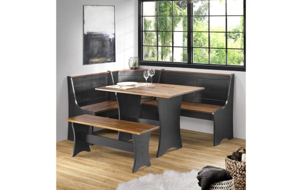 Palma Brown & Black Dining Nook with Bench in transitional style, solid pine and MDF, black base with warm wood tabletop and seating, corner design seating five.