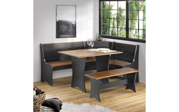 Palma Brown & Black Dining Nook with Bench in transitional style, solid pine and MDF, black base with warm plank wood tabletop and seating, fits five people.