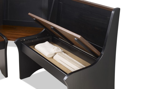 Palma Brown & Black Dining Nook bench with lift-up storage, solid pine and MDF, transitional style, black base with warm brown wood seat and tabletop accents.