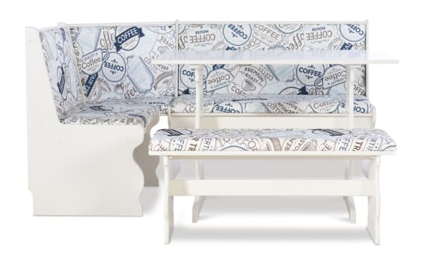 Sigrid Coffee White Upholstered Dining Nook with L-shaped pine and MDF frame, polyester fabric cushions with coffee-themed print, and matching bench.