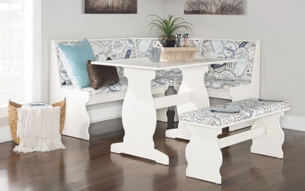 Sigrid Coffee White Upholstered Dining Nook with Bench, featuring white pine solids and MDF frame, L-shaped polyester fabric seating with coffee-themed upholstery, and a matching bench in transitional style.
