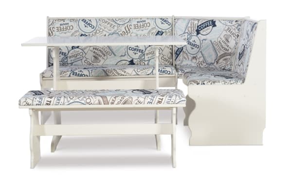 Sigrid Coffee White Upholstered Dining Nook with Bench, L-shaped transitional kitchen seating in white pine solids and MDF, polyester fabric with coffee-themed print upholstery.