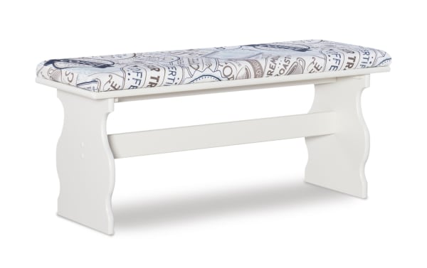 White upholstered dining bench from the Sigrid Coffee White collection, featuring pine solids, MDF frame, and patterned polyester fabric seat in transitional style.