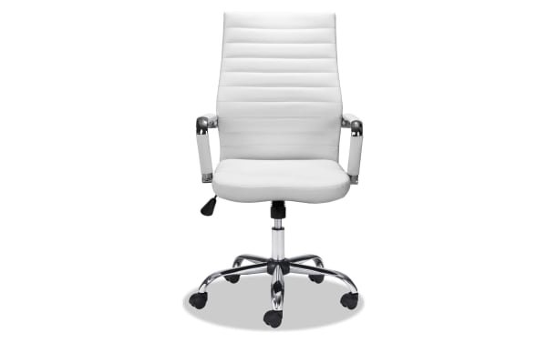 Domas White Faux Leather Adjustable Swivel Office Chair with padded back panels, chrome steel base, and polyurethane upholstery in contemporary style.