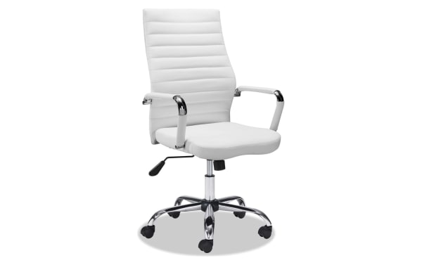 Domas White Faux Leather Adjustable Swivel Office Chair with padded back, chrome steel base, polyurethane upholstery, and contemporary design.