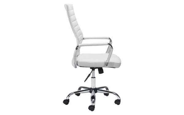 Domas White Faux Leather Adjustable Swivel Office Chair with padded back, chrome steel base, and polyurethane upholstery in contemporary style