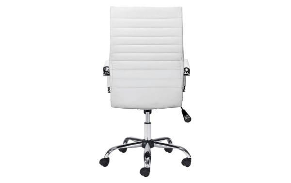 Domas White Faux Leather Adjustable Swivel Office Chair with padded back panels, chrome steel base, and polyurethane upholstery in contemporary style.
