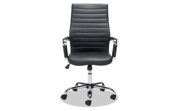 Domas Black Faux Leather Adjustable Swivel Office Chair with padded back panels, chrome steel base, and polyurethane upholstery in contemporary style.