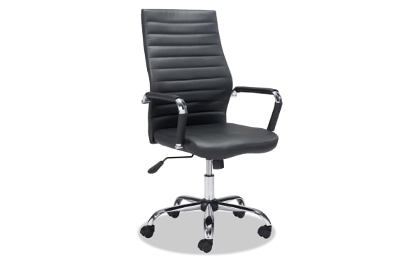 Domas Black Faux Leather Adjustable Swivel Office Chair with padded back, chrome steel base, polyurethane upholstery, and contemporary style.