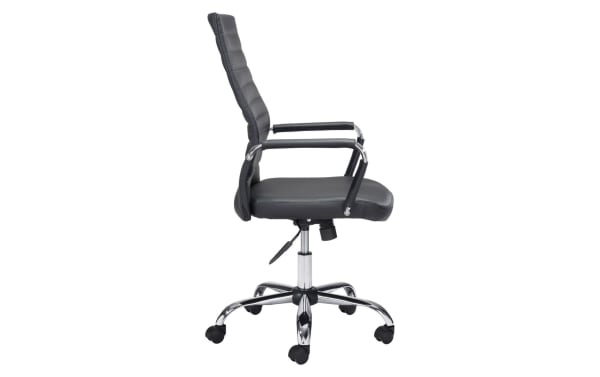 Domas Black Faux Leather Adjustable Swivel Office Chair with padded back panels, chrome steel base, and polyurethane upholstery in contemporary style.