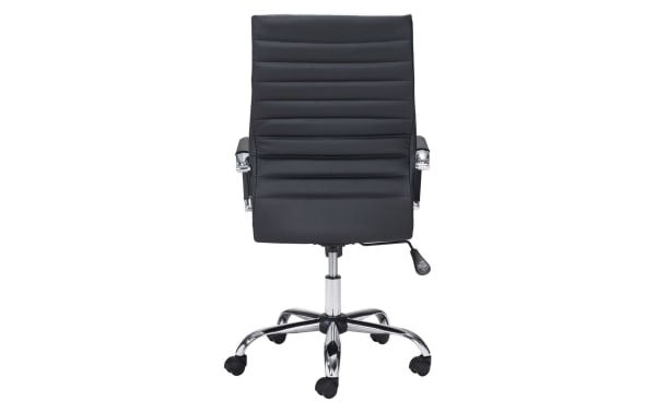 Domas Black Faux Leather Adjustable Swivel Office Chair with padded horizontal back panels, chrome steel base, and polyurethane upholstery in contemporary style.
