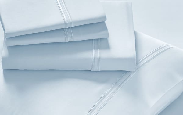 MyBob's Queen Blue Solid Premium Modal 4 Piece Sheet Set in soft blue, traditional style, modal and cotton blend, includes fitted sheet, flat sheet, and pillowcases with smooth sateen weave.