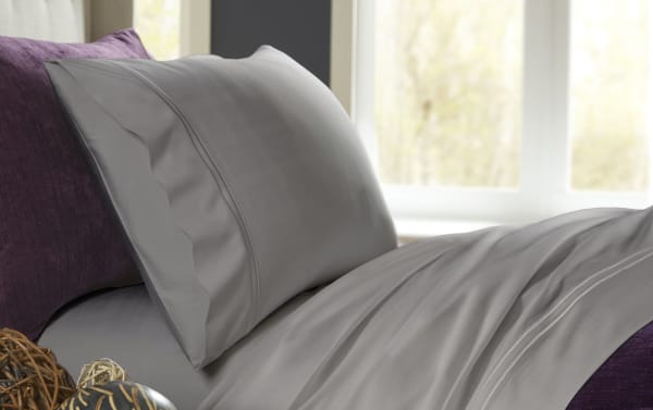 Queen gray solid premium rayon bamboo sheet set by MyBob's, traditional style with soft sateen weave, elastic fitted sheet, and enveloping pillowcases.