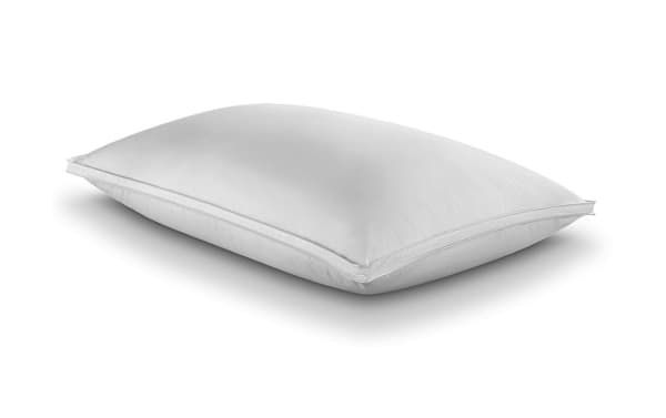 White MyBob's Complete Queen Cooling Down Pillow with plush cotton fabric cover, traditional style, and soft, supportive down filling for cool comfort.