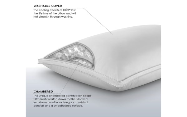 MyBob's Complete Queen Cooling Down Pillow in white cotton fabric with washable cover and chambered down-feather construction for consistent comfort and cooling.
