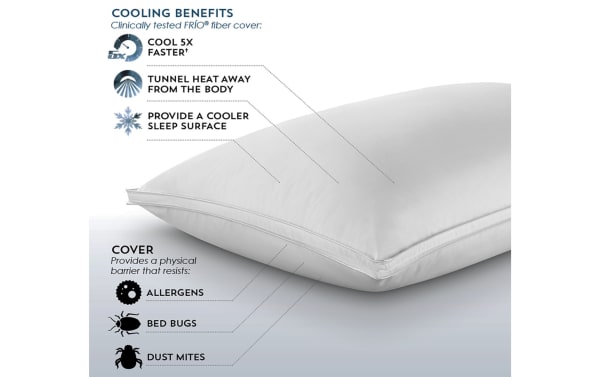 MyBob's Complete Queen Cooling Down Pillow in white cotton fabric with cooling FRÍO fiber cover, designed to resist allergens, bed bugs, and dust mites while providing a cooler sleep surface and traditional plush support.