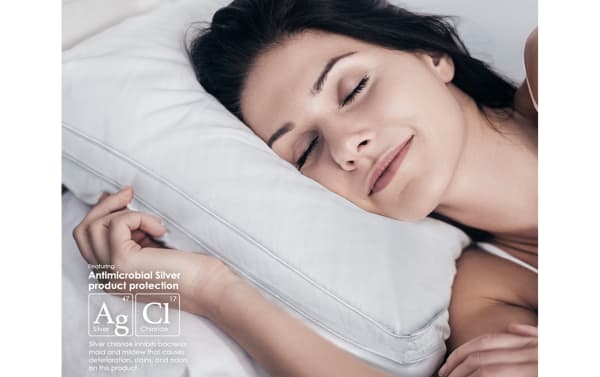 MyBob's Complete Queen Cooling Down Pillow in white cotton fabric with antimicrobial silver chloride protection, featuring rapid chill cooling fibers and plush Tencel threads for comfort and coolness.