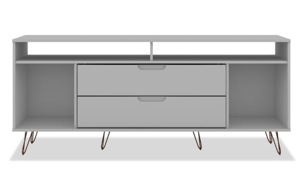 Melton 63'' white MDF storage TV stand with mid-century modern style, featuring two open side shelves, two central drawers, and hairpin metal legs.