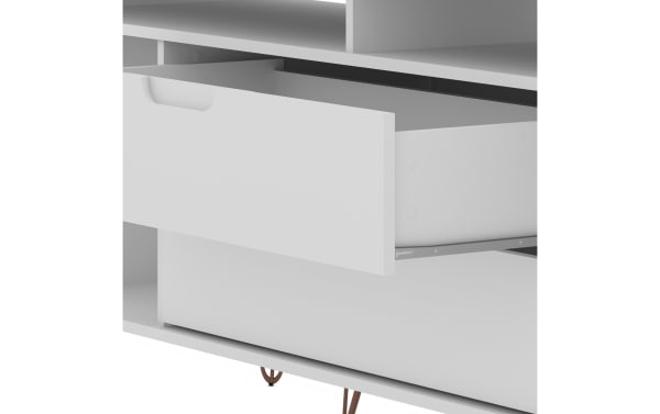Melton 63'' White Storage TV Stand in mid-century modern style, featuring a white MDF drawer with smooth metal glides for ample hidden storage.