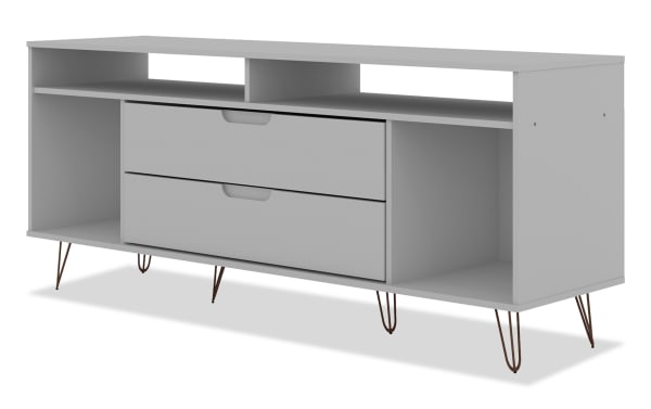 Melton 63'' White Storage TV Stand in mid-century modern style with MDF construction, two drawers, open shelves, and metal hairpin legs for living room organization.