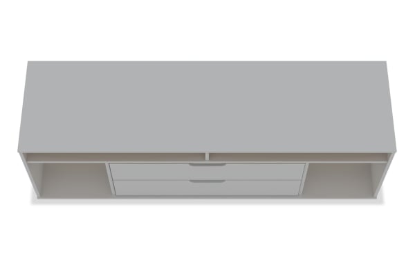 Melton 63'' White Storage TV Stand in Mid-Century Modern style with MDF construction, featuring two open side shelves and two central drawers for versatile storage.