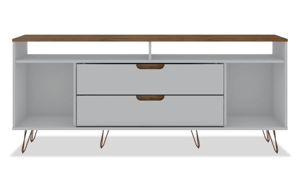 Melton 63'' Ivory & Oak Storage TV Stand in mid-century modern style with MDF construction, ivory body, oak top, two drawers, open shelves, and hairpin legs.
