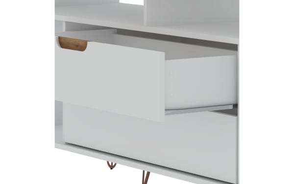 Melton 63'' Ivory & Oak Storage TV Stand drawer open, showing smooth white MDF finish, mid-century modern style, and oak accent handle.