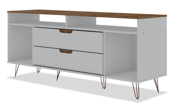 Melton 63'' Ivory & Oak Storage TV Stand in mid-century modern style, MDF construction, ivory body with oak top, two central drawers, open side shelves, and metal hairpin legs.