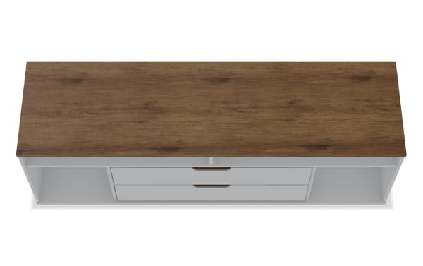 Melton 63'' Ivory & Oak Storage TV Stand in mid-century modern style with MDF construction, oak top, ivory body, two open side shelves, and central drawers for storage.
