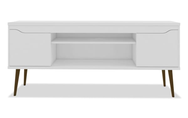 Giulia 63'' White Storage TV Stand in Mid-Century Modern style with MDF, particle board, two cabinets, open shelf, and tapered wood legs.