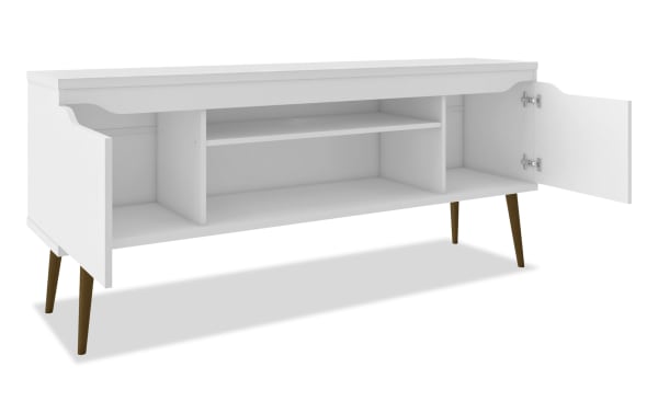 Giulia 63'' White Storage TV Stand in Mid-Century Modern style with MDF and particle board, featuring two open cubbies, two cabinets, and angled wood legs.