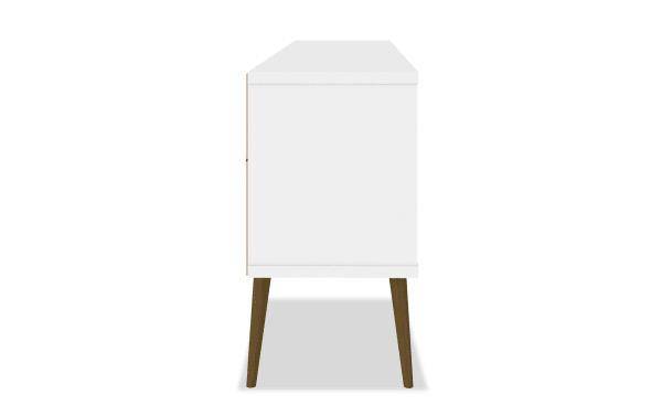 White Giulia 63'' Mid-Century Modern TV stand with angled wooden legs, MDF and particle board construction, featuring clean lines and ample storage.