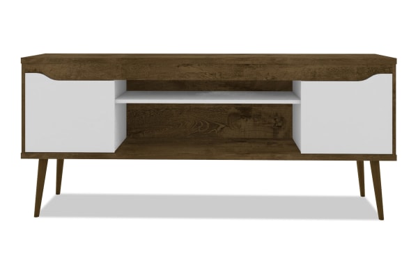 Giulia 63'' Brown & White Storage TV Stand in mid-century modern style, featuring MDF and particle board construction, two-tone finish, and angled legs.