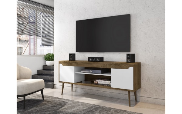 Giulia 63'' Brown & White Storage TV Stand in mid-century modern style with MDF, particle board, two-tone finish, angled legs, and chic storage compartments.