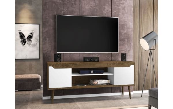 Giulia 63'' Brown & White Storage TV Stand in mid-century modern style, made of MDF and particle board, featuring two-tone brown wood and white doors with tapered legs and open shelving.