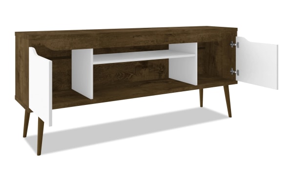 Giulia 63'' Brown & White Storage TV Stand in mid-century modern style with MDF, particle board, two-tone brown wood and white open shelving and doors.