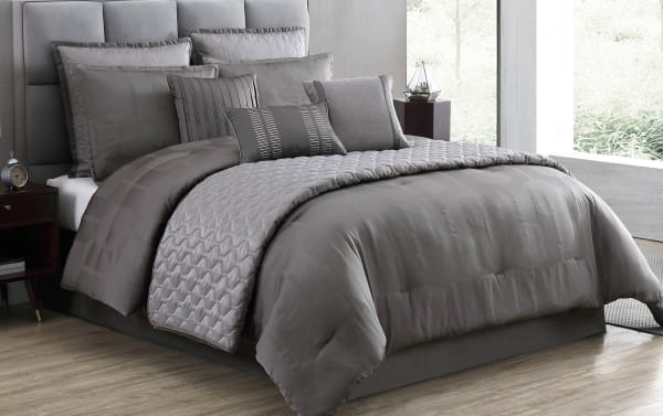 Gily Queen Gray Geometric 10 Piece Comforter Set in gray polyester fabric with a transitional style, featuring quilted geometric patterns and multiple matching pillows for a modern luxury bedroom look.