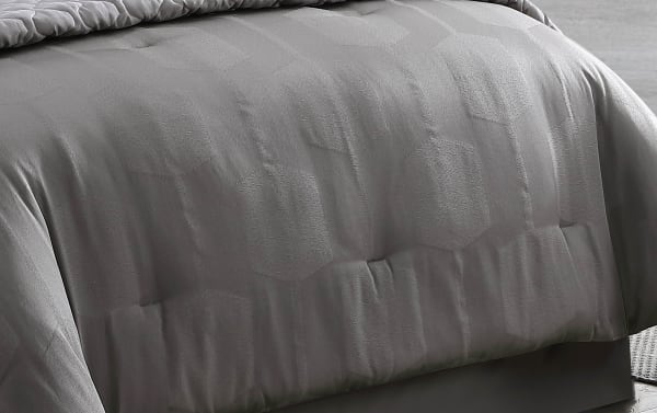 Gray Gily Queen 10 Piece Comforter Set with geometric pattern, transitional style, soft polyester fabric for modern bedroom decor.